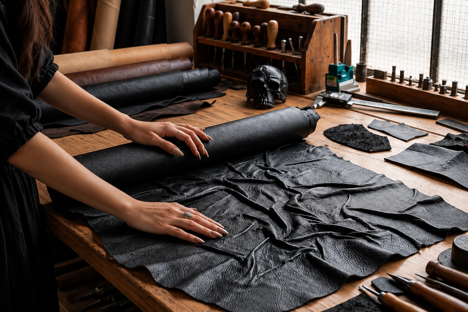 Hands smoothing a sheet of black leather across the studio workbench